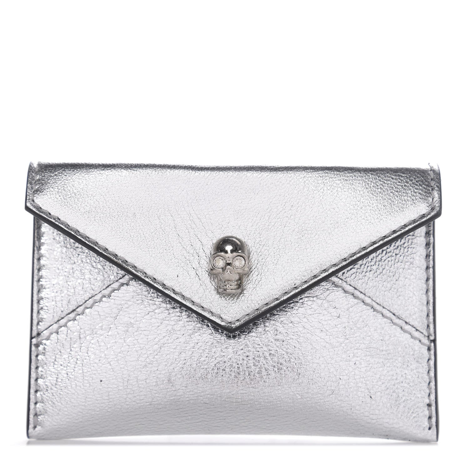Alexander McQueen Metallic Calfskin Skull Envelope Card Holder Silver 1 of 5
