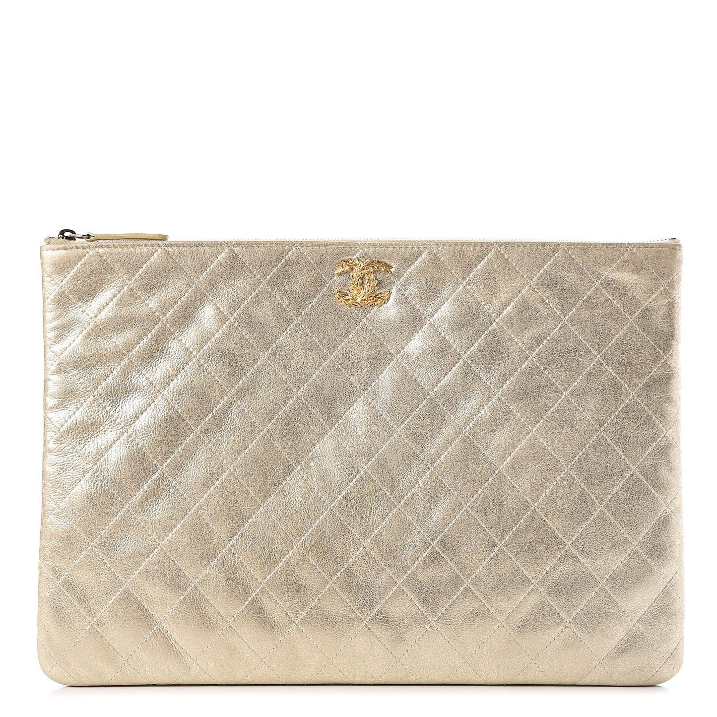 Metallic Calfskin Quilted Large Cosmetic Case Light Gold