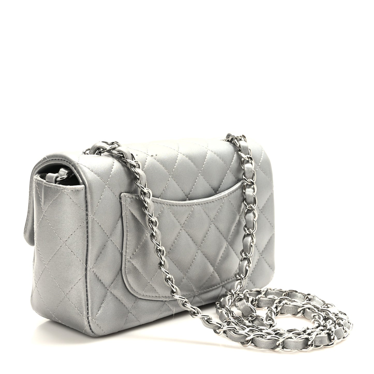 Metallic Lambskin Quilted Mini Rectangular Flap Silver