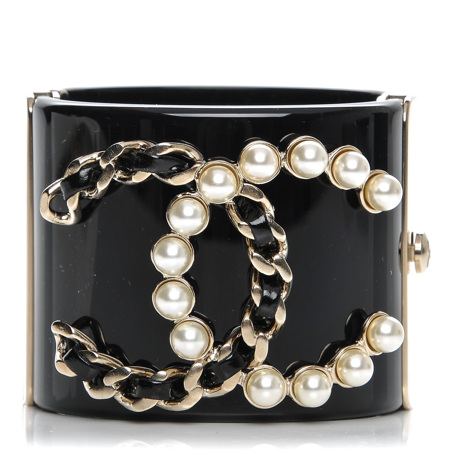 Pearl Calfskin Chain CC Cuff Black Gold