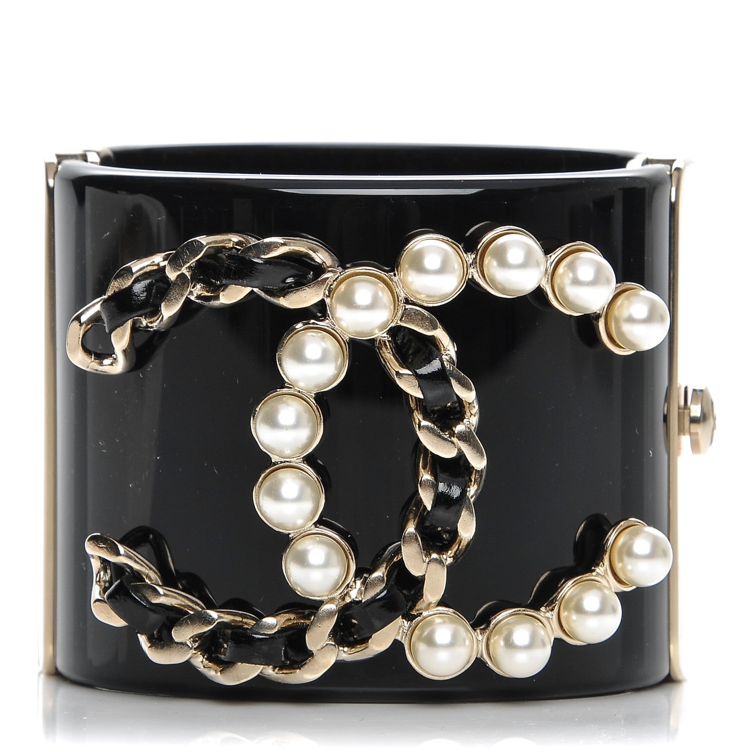 Chanel Pearl Calfskin Chain CC Cuff Black Gold 1 of 6