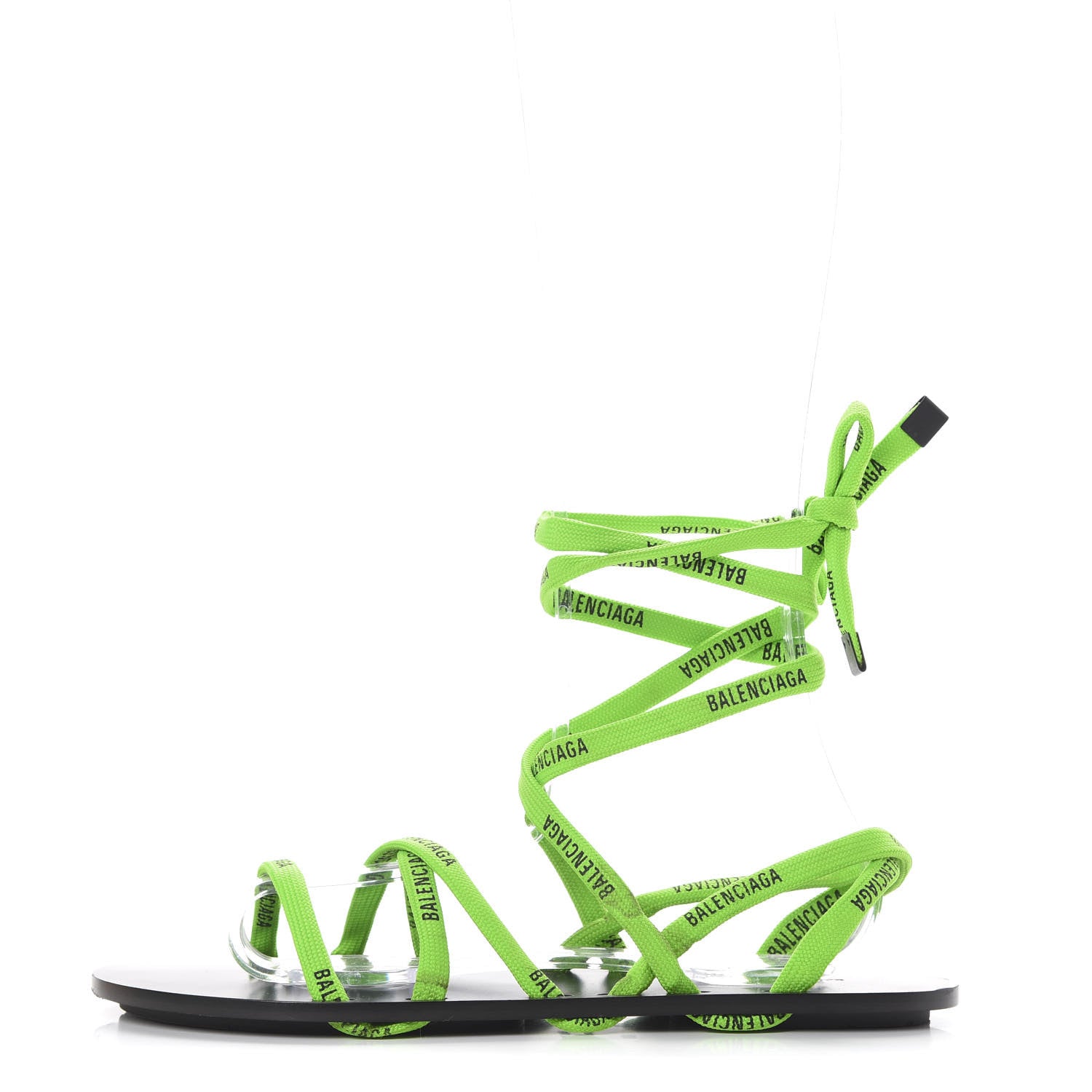 Balenciaga Nylon Calfskin Logo Lace Flat Sandals 39 Neon Green 1 of 10