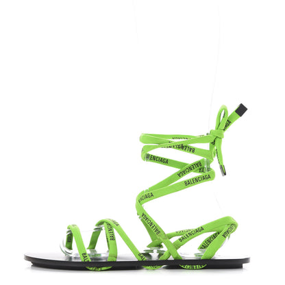 Balenciaga Nylon Calfskin Logo Lace Flat Sandals 39 Neon Green 1 of 10