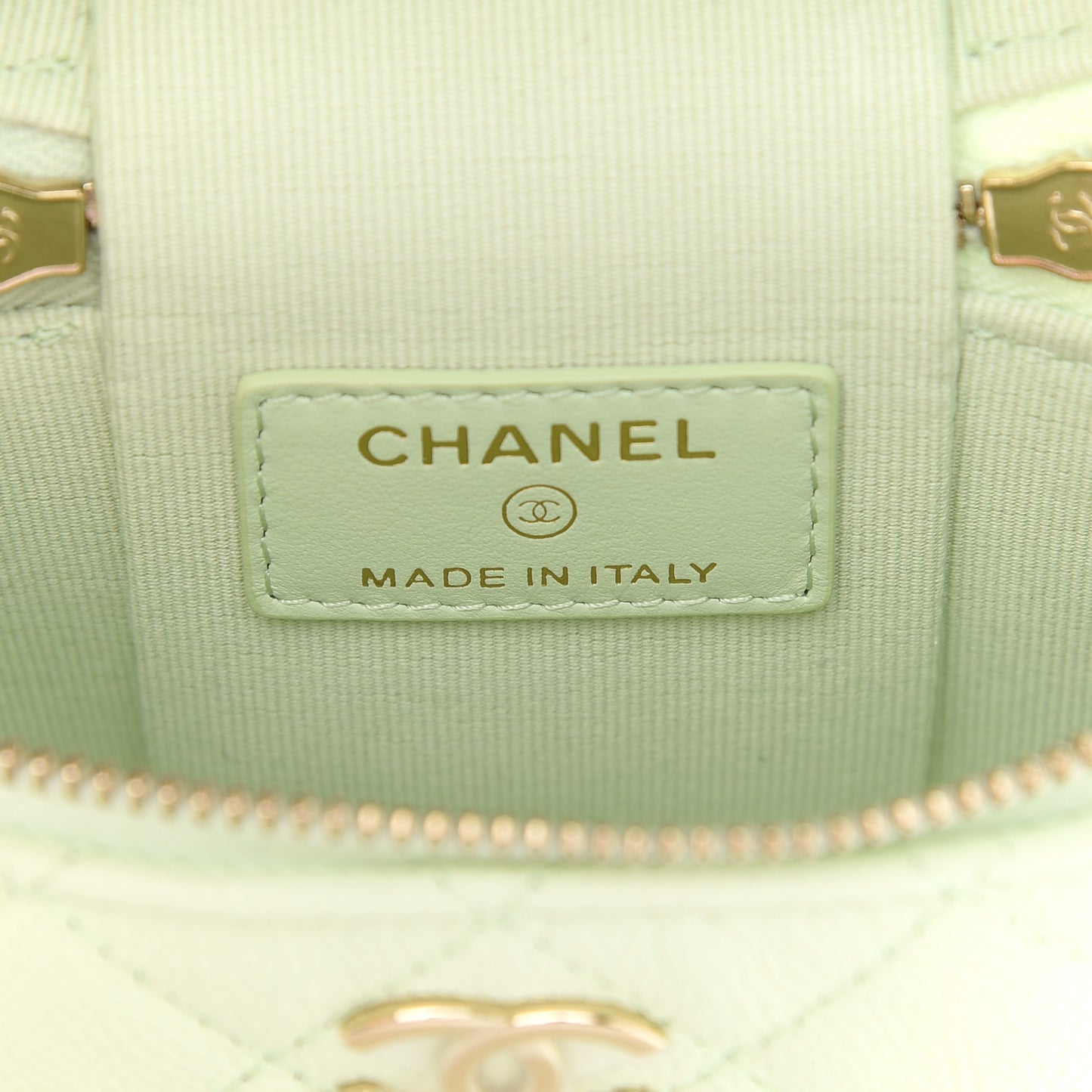 Caviar Quilted Small Handle With Care Vanity Case With Chain Light Green
