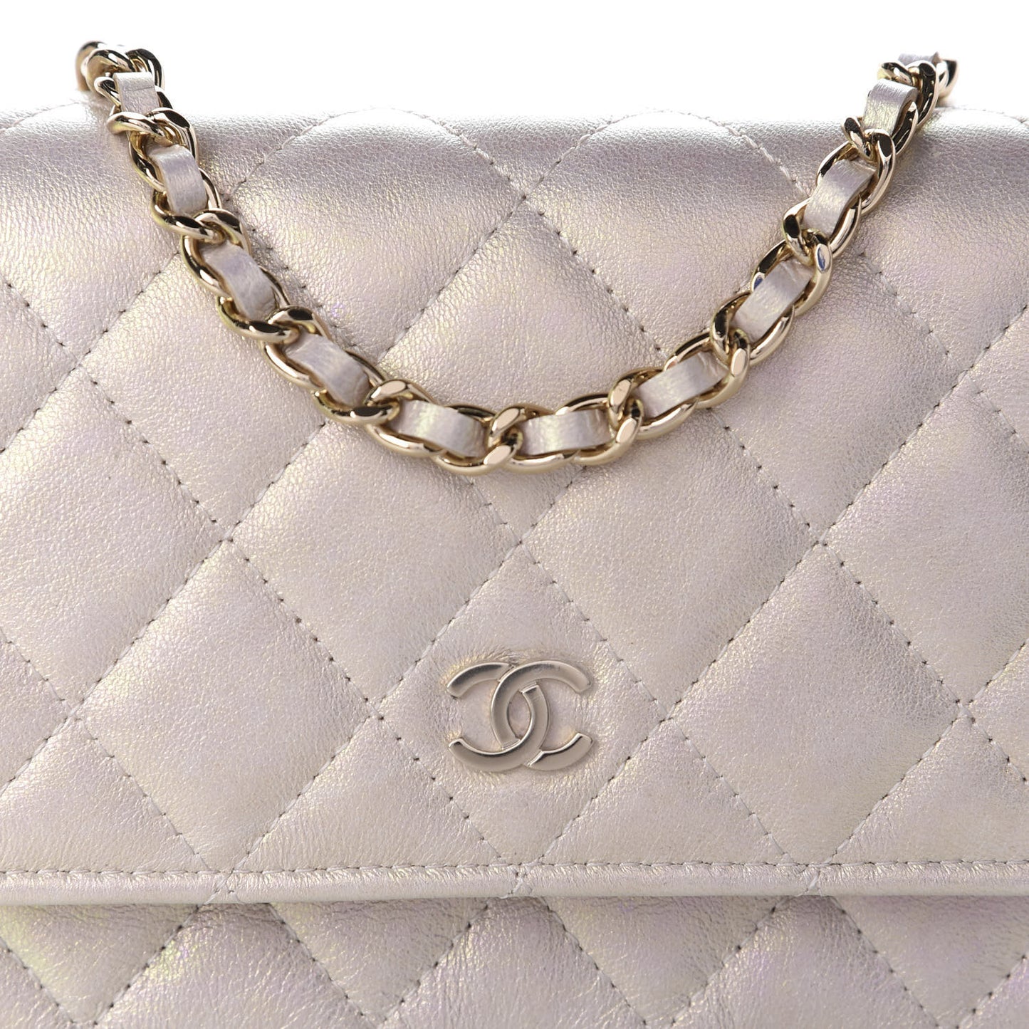 Iridescent Lambskin Quilted Mini Wallet On Chain WOC Ivory