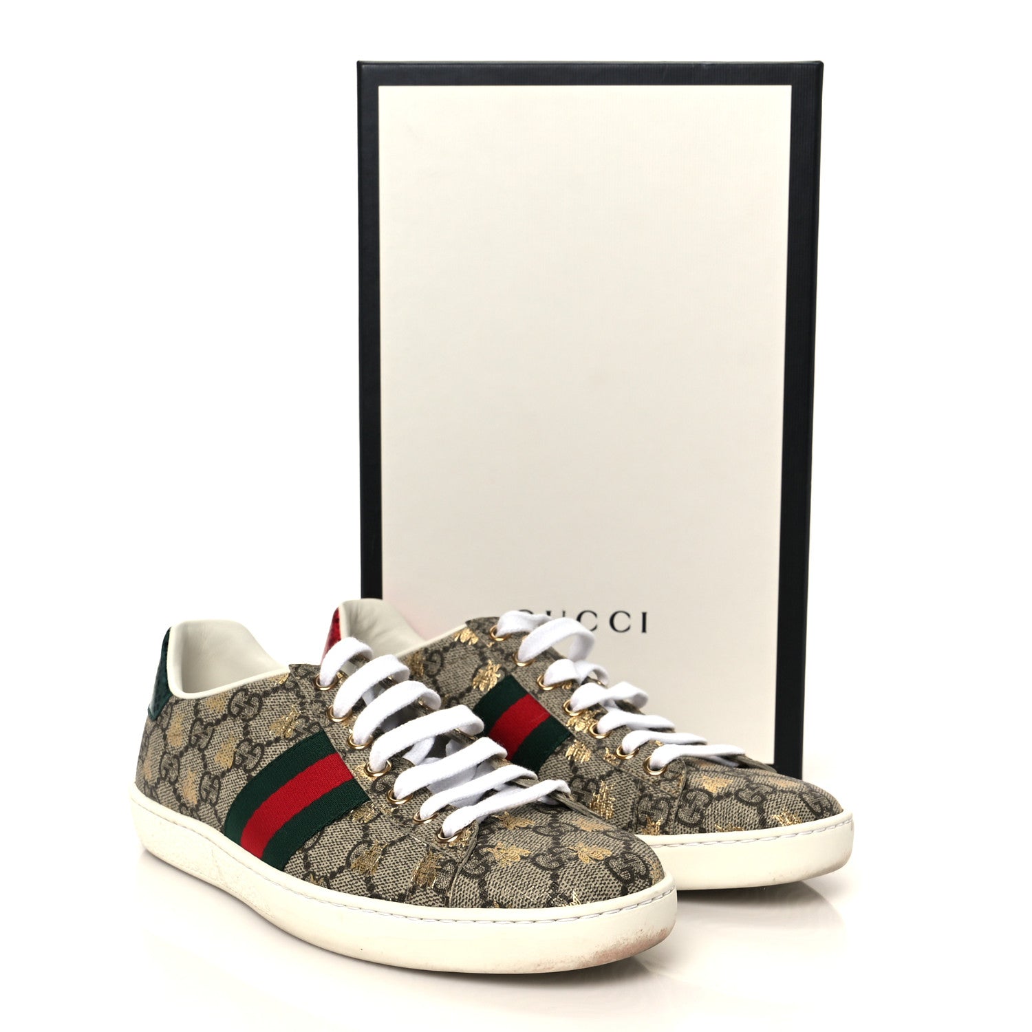 Gucci GG Supreme Monogram Bees Ayers Web Womens Ace Sneakers 37 Beige Oro Green Red 12 of 12