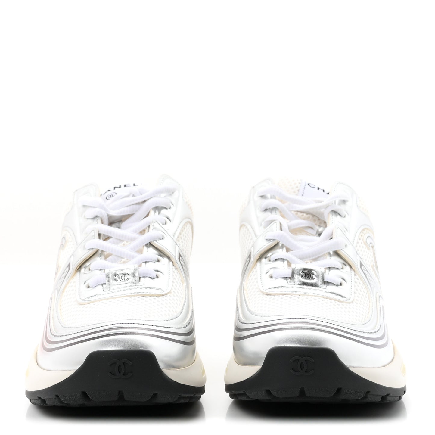 Fabric Laminated Calfskin Stretch CC Womens Sneakers 38 White Silver