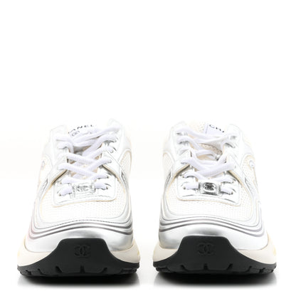 Chanel Fabric Laminated Calfskin Stretch CC Womens Sneakers 38 White Silver 2 of 10