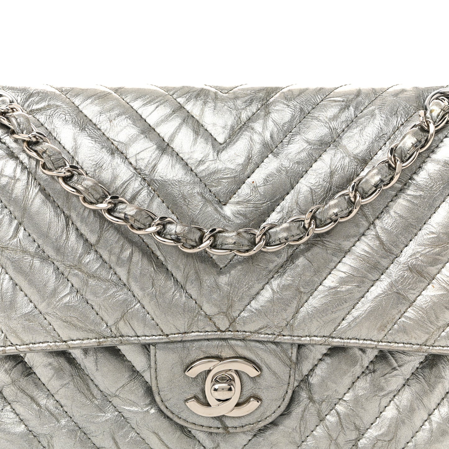 Metallic Patent Crumpled Calfskin Chevron Quilted Medium Double Flap Silver