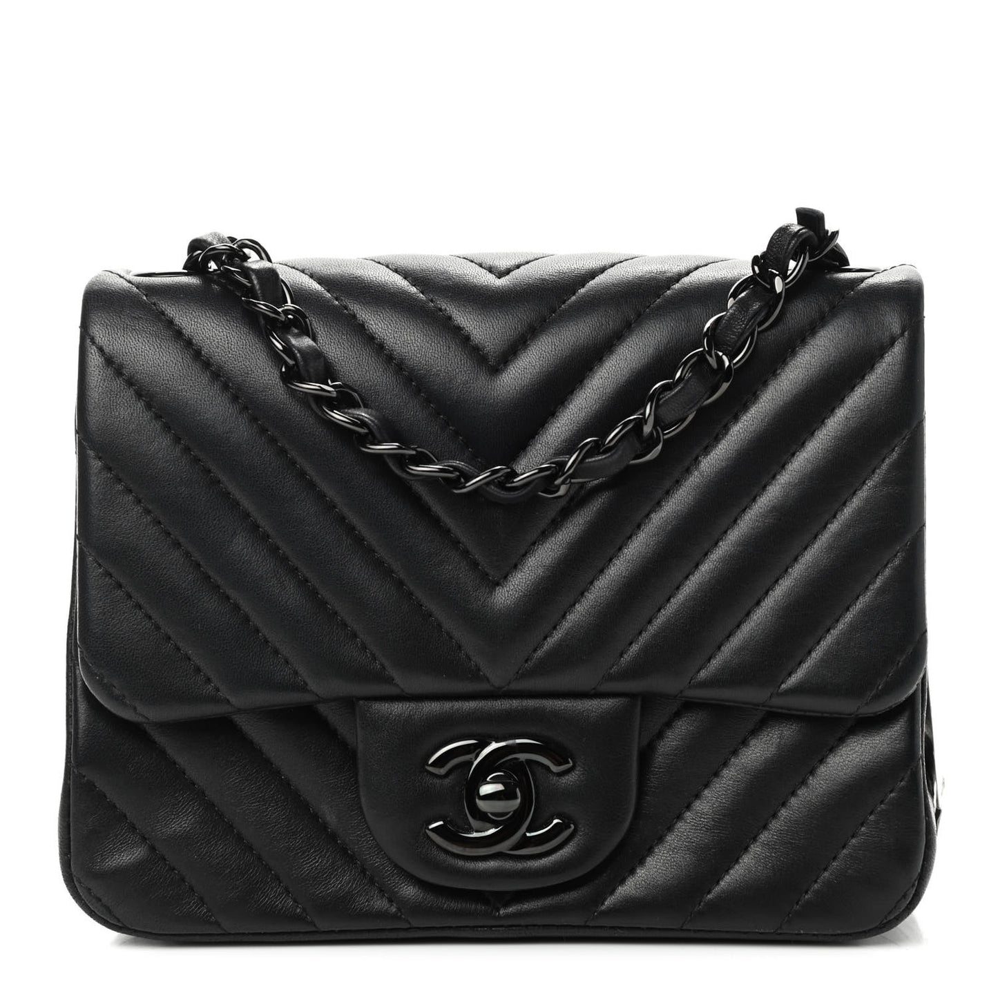 Lambskin Chevron Quilted Mini Square Flap So Black