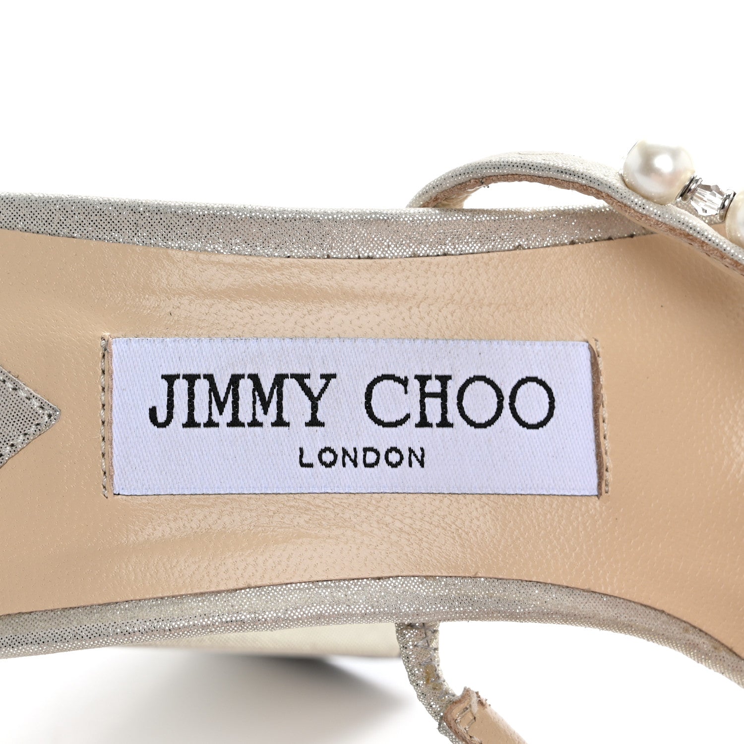 Jimmy Choo Shimmer Suede Pearl Embellished Amara 85 Mule Sandals 37 Champagne White 8 of 9