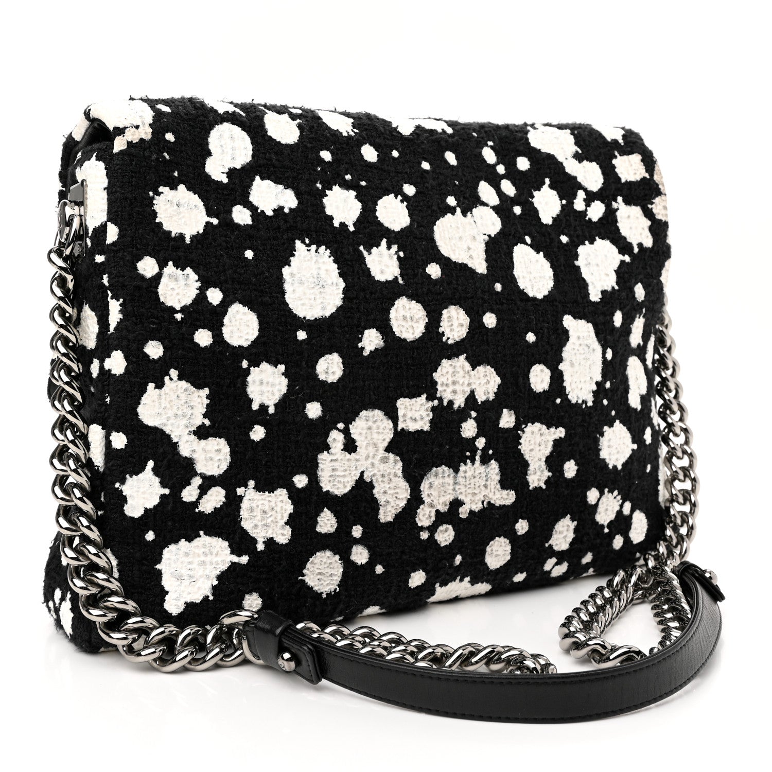 Chanel Tweed Paint Splatter Print Flap Black White 3 of 13