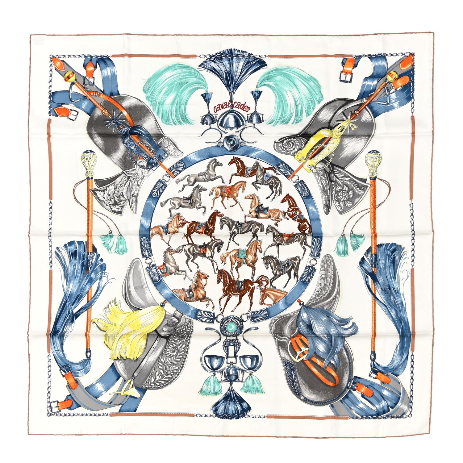 Hermes Silk Cavalcades Scarf 90 White Bleu Jean Vert 1 of 12