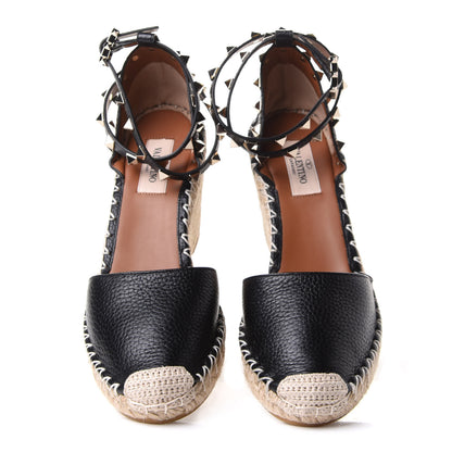 Valentino Garavani Grained Calfskin Rockstud Ankle Wrap Espadrille 15/85mm Wedges 37 Black Light Cuir 6 of 10