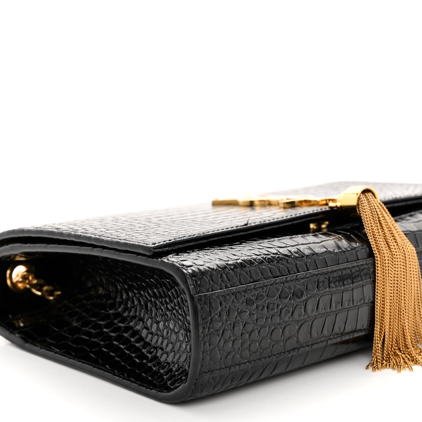 Calfskin Crocodile Embossed Medium Classic Monogram Kate Tassel Satchel Black
