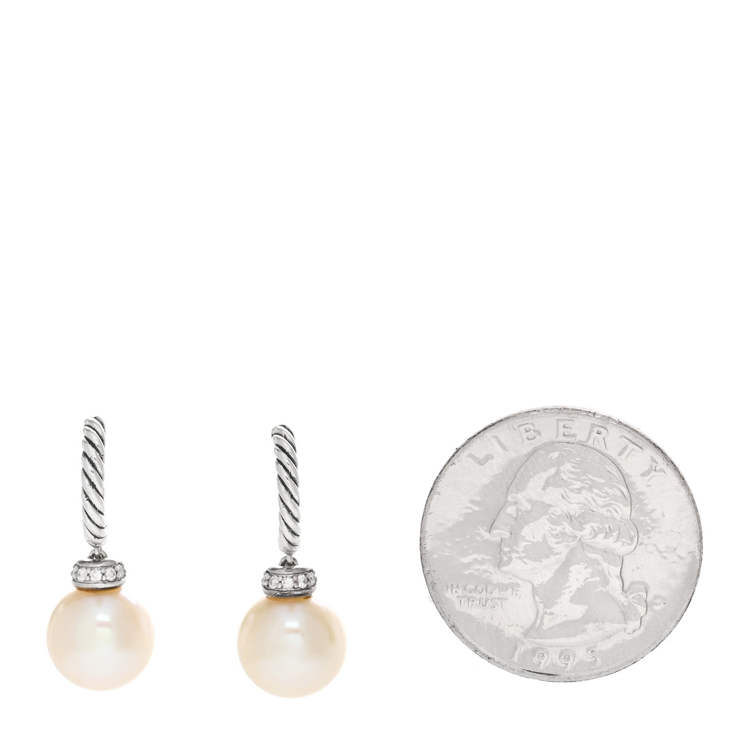 David Yurman Sterling Silver Diamond Pearl 9mm Solari Drop Earrings 2 of 6