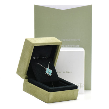 Van Cleef & Arpels 18K White Gold Diamond Celadon Green Sevres Porcelain Vintage Alhambra Pendant Necklace 4 of 4