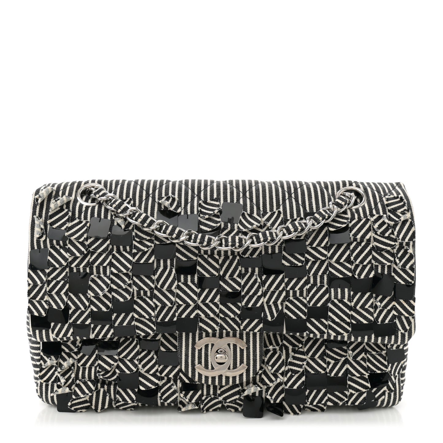 Canvas Sequin Stripe Medium Double Flap Black White