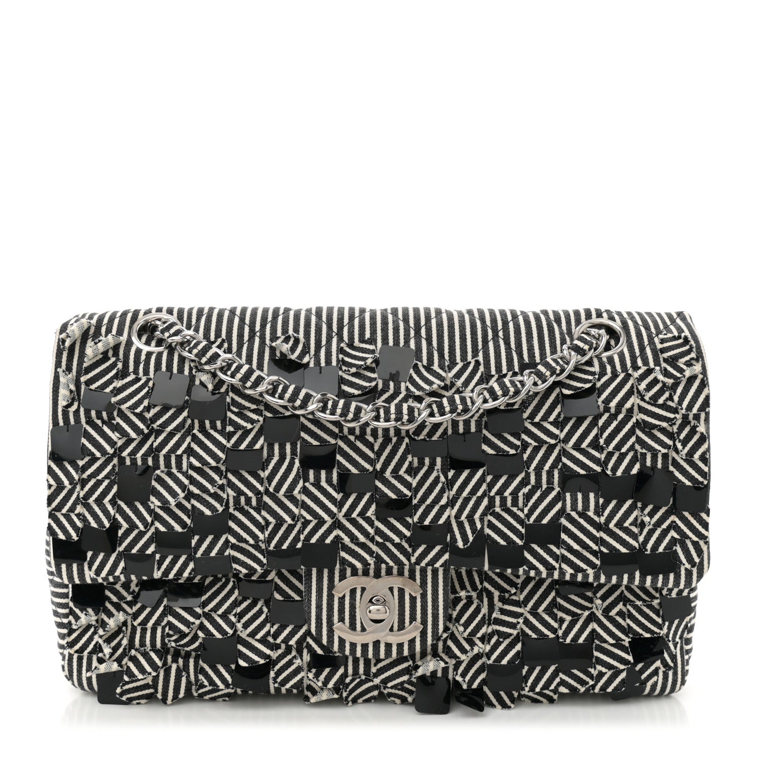 Chanel Canvas Sequin Stripe Medium Double Flap Black White 1 of 10