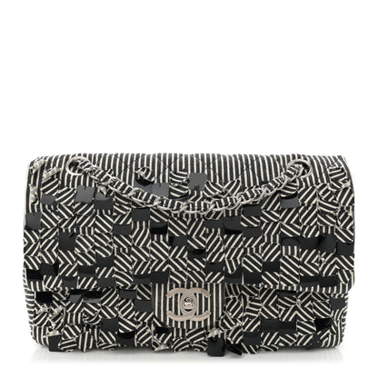 Chanel Canvas Sequin Stripe Medium Double Flap Black White 1 of 10