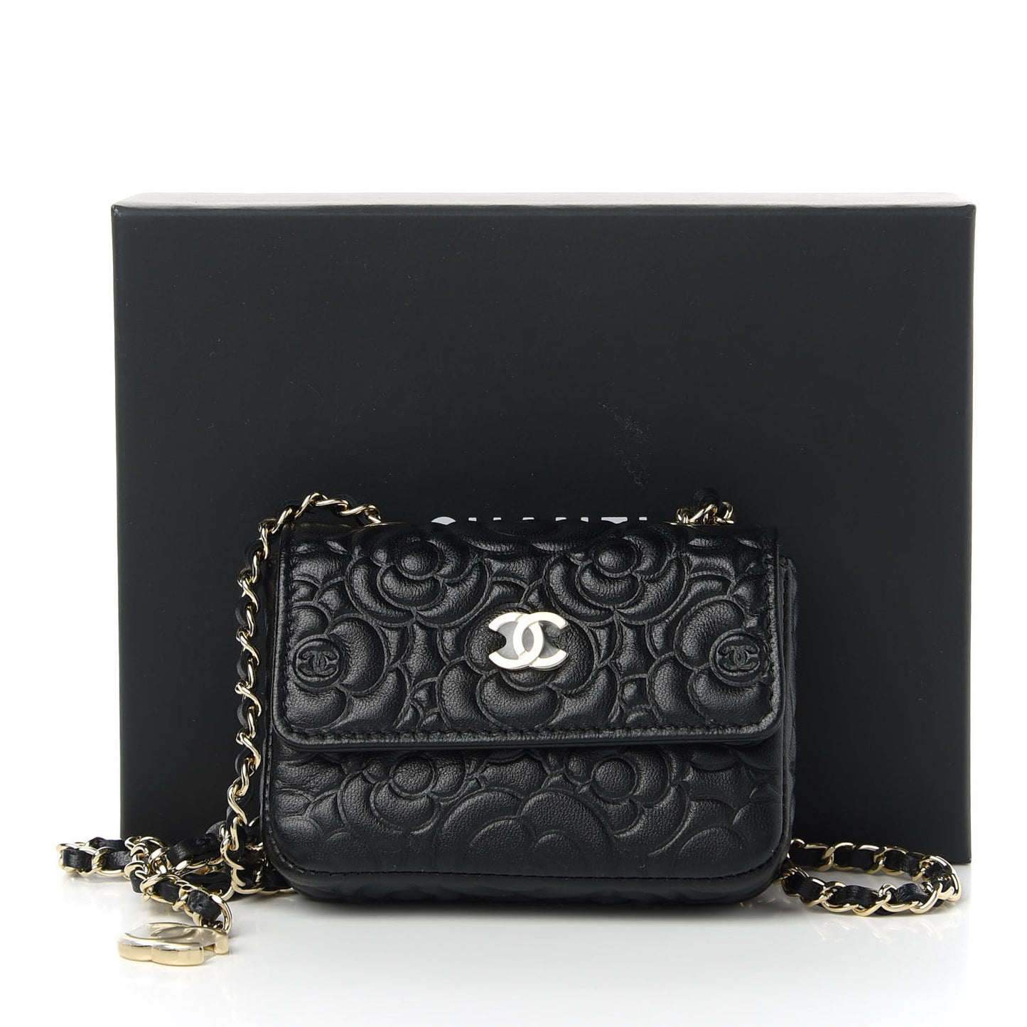 Caviar Camellia Embossed Chain Belt Bag Black