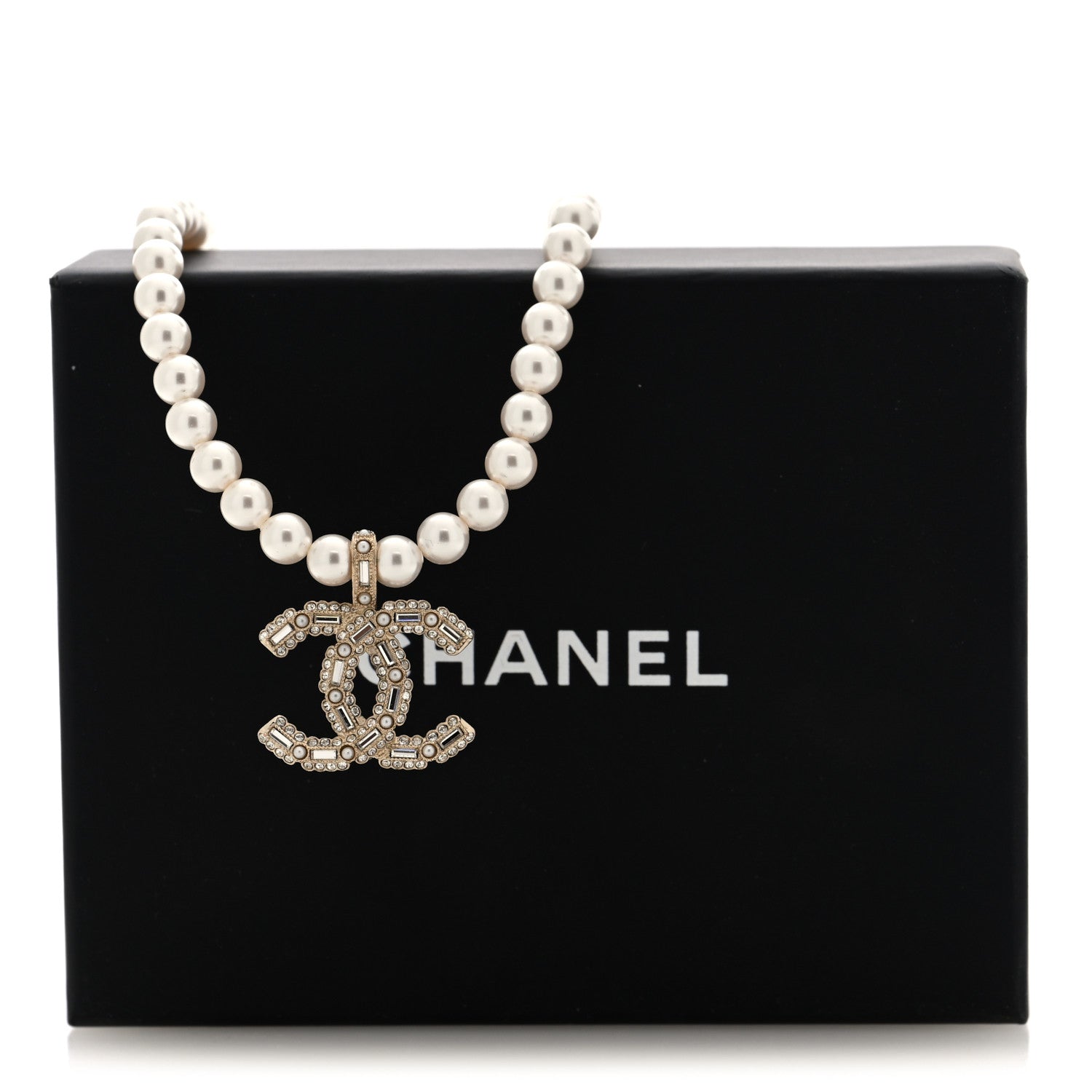 Chanel Pearl Crystal Baguette CC Short Necklace Gold 5 of 5