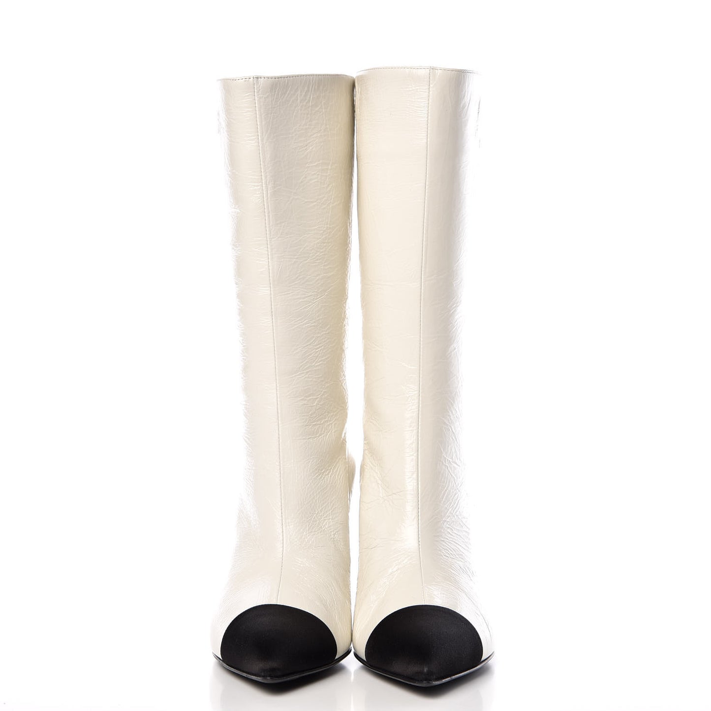 Crumpled Calfskin Satin Cap Toe Short Boots 38.5 White Black