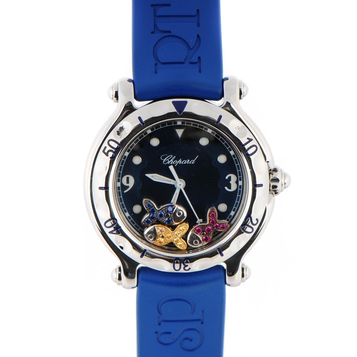 Stainless Steel Rubber Ruby Yellow Blue Sapphire 33mm Happy Sport Beach Fish Quartz Watch Black