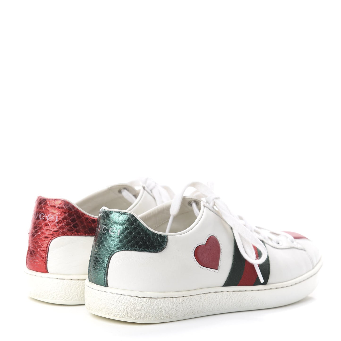 Calfskin Web Heart Embroidered Womens Ace Sneakers 37 White