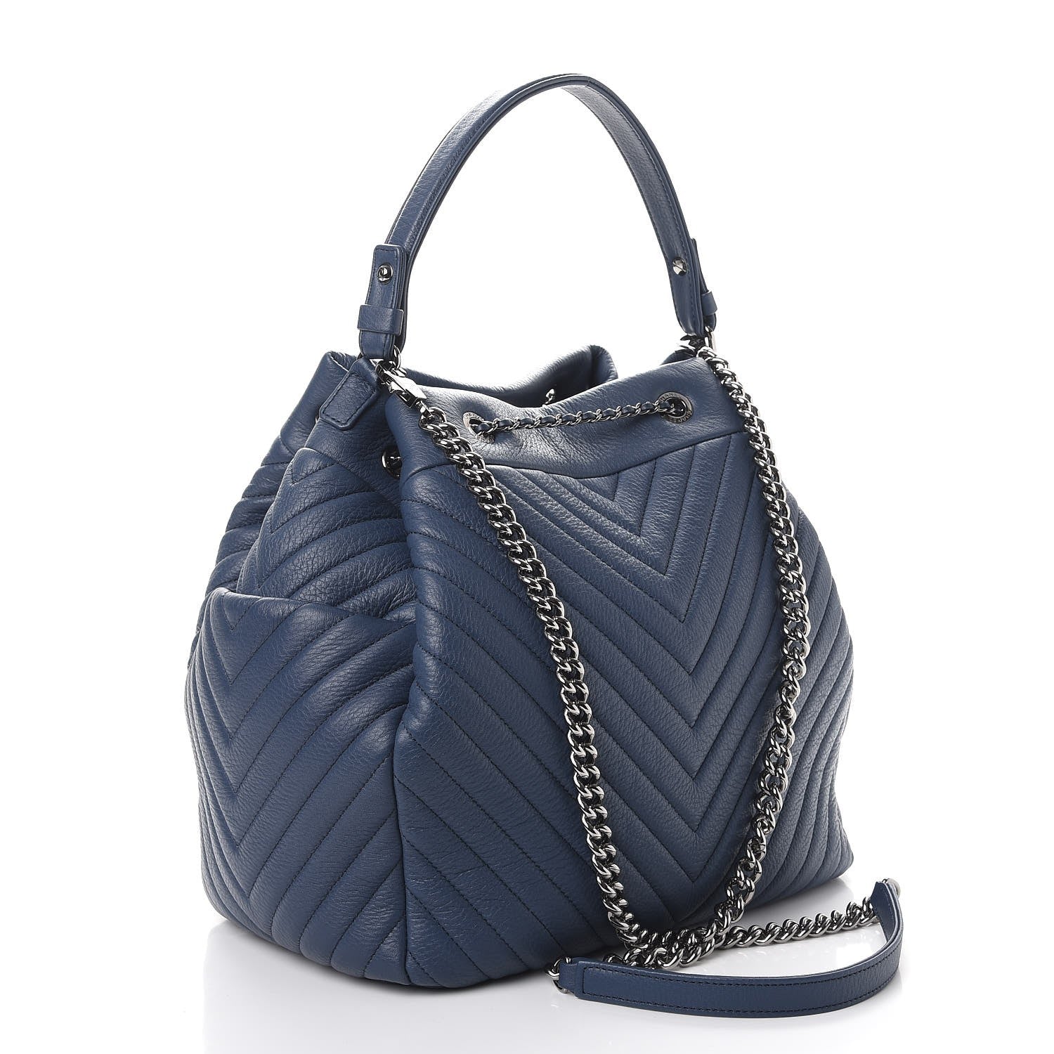 Chanel Deerskin Chevron Large CC Chain Bucket Drawstring Bag Blue 4 of 8