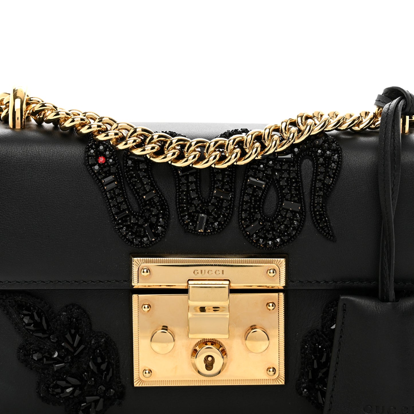 Calfskin Crystal Snake Embroidered Small Padlock Shoulder Bag Black