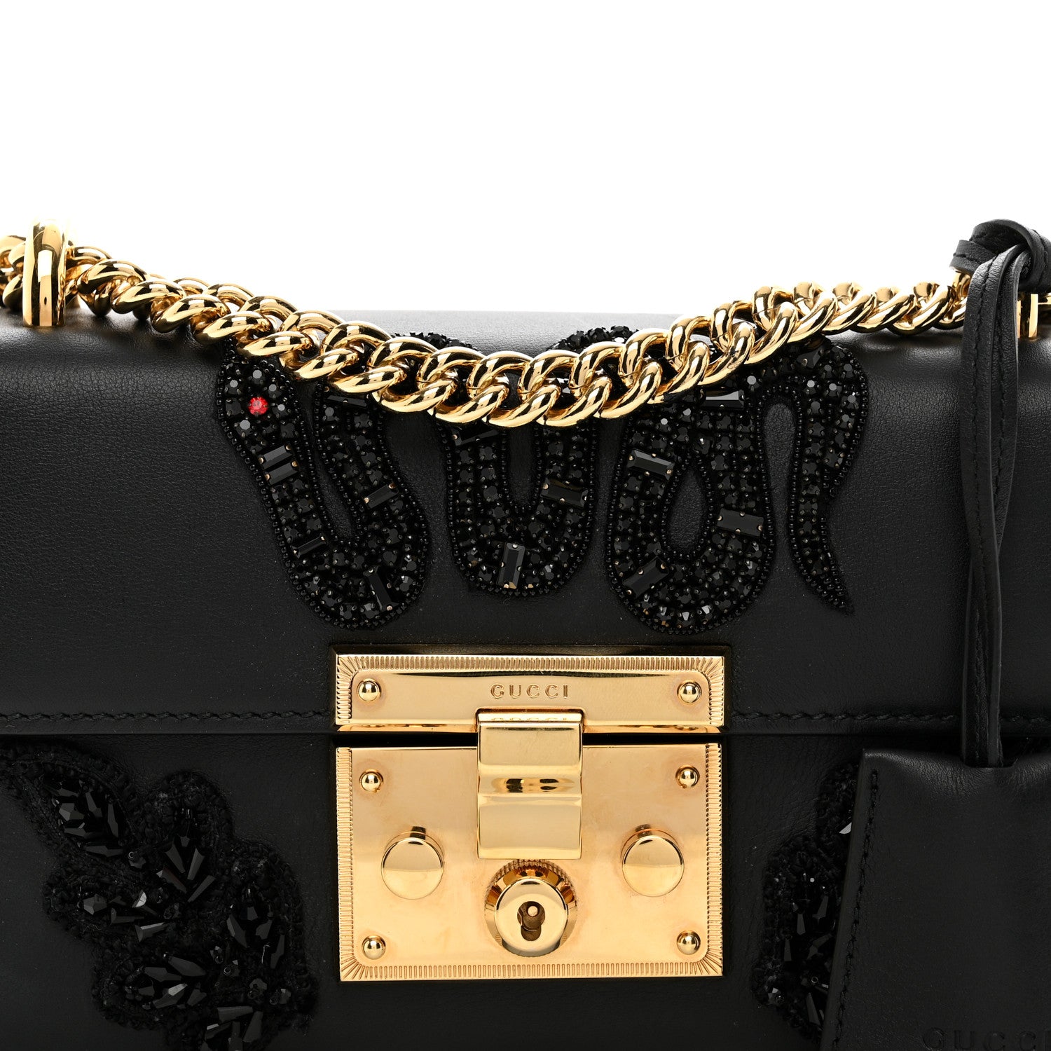 Gucci Calfskin Crystal Snake Embroidered Small Padlock Shoulder Bag Black 5 of 10