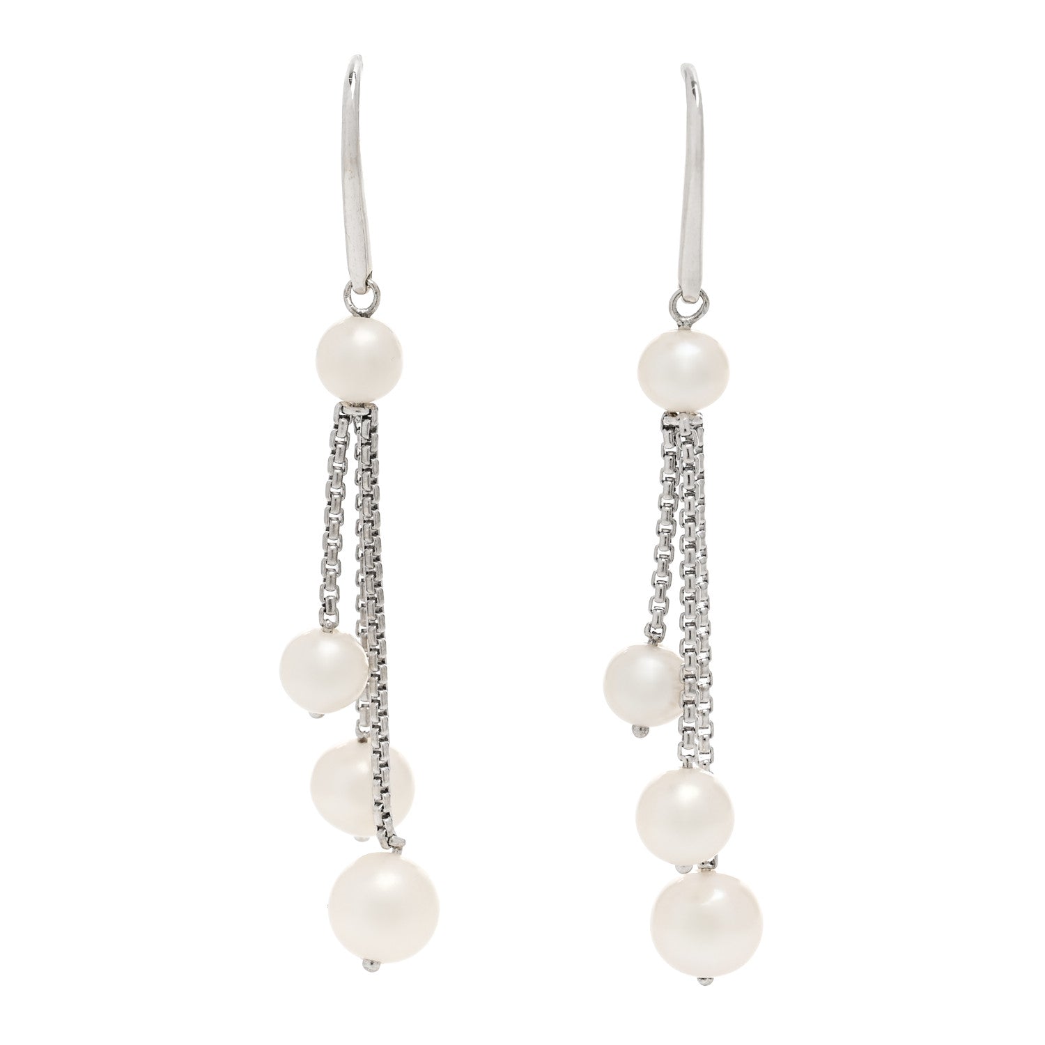 David Yurman Sterling Silver 18K White Gold Cultured Pearl Box Chain Drop Earrings 1 of 4