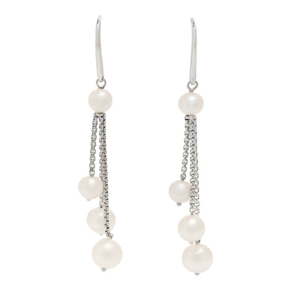 David Yurman Sterling Silver 18K White Gold Cultured Pearl Box Chain Drop Earrings 1 of 4