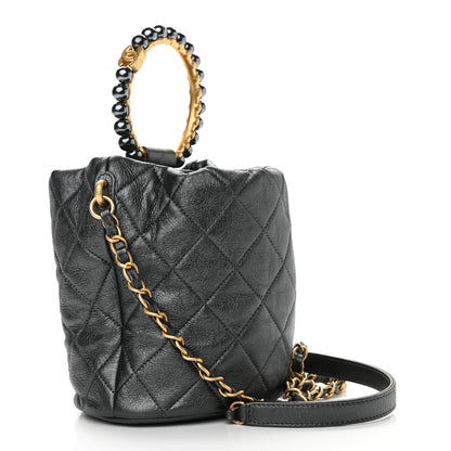 Chanel Metallic Lambskin Quilted Pearl Crown Drawstring Bag Anthracite 3 of 11