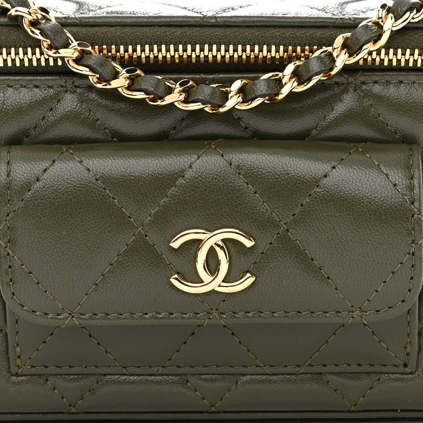 Lambskin Quilted Polly Pocket East West Top Vanity With Chain Khaki