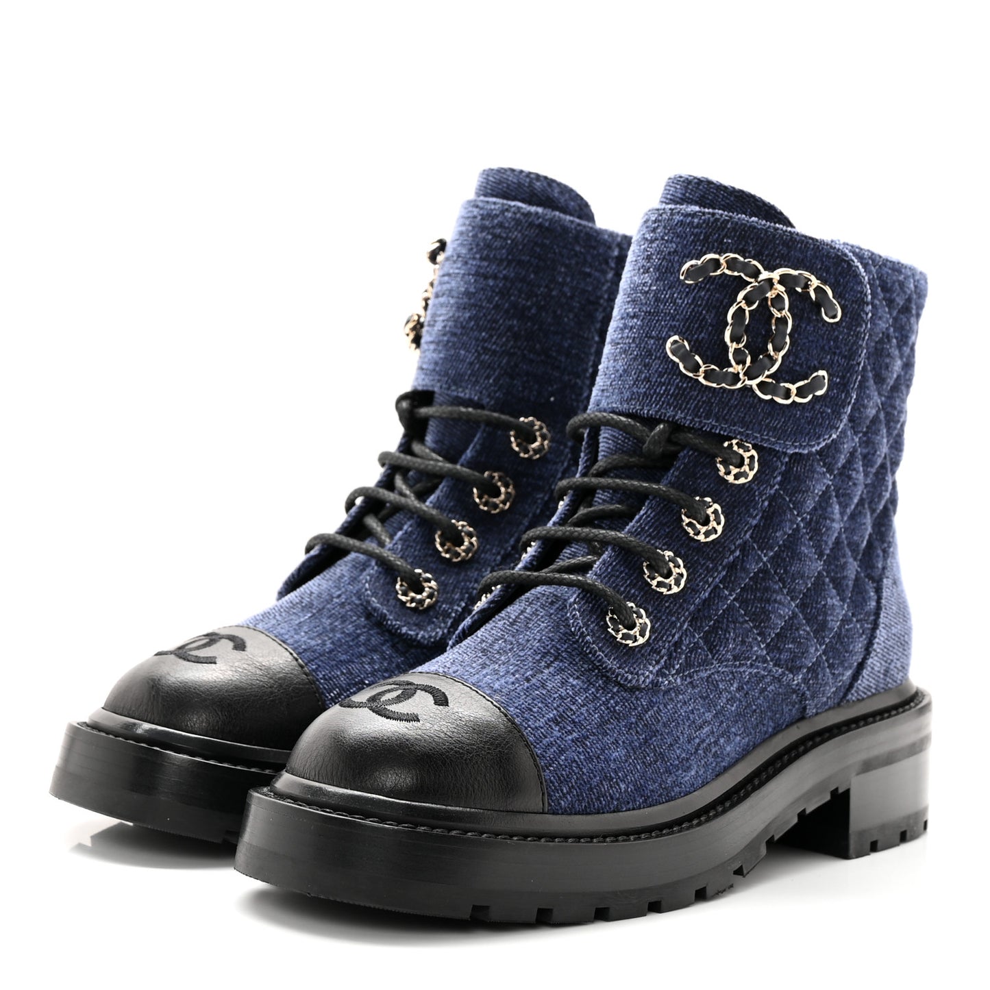 Denim Calfskin Quilted Lace Up Combat Boots 35.5 Blue