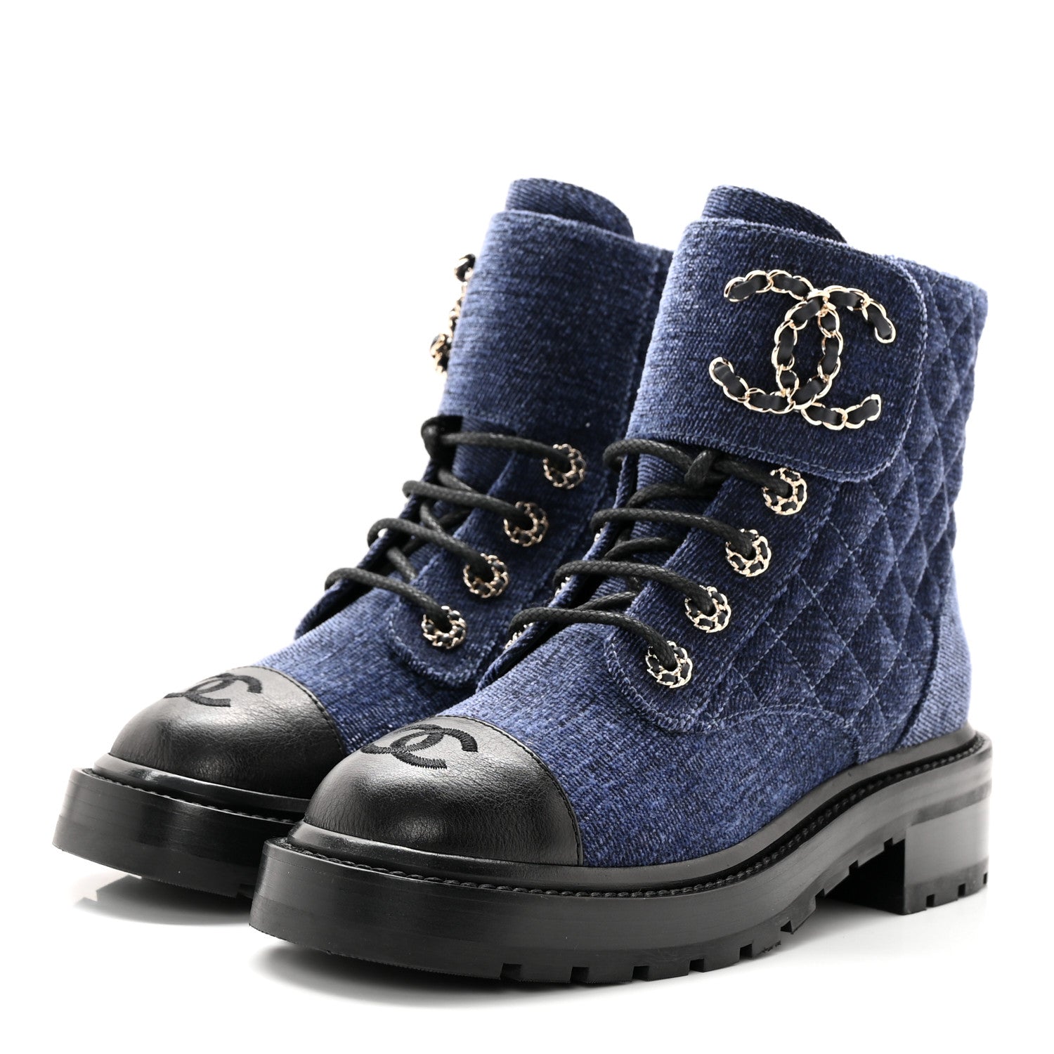Chanel Denim Calfskin Quilted Lace Up Combat Boots 35.5 Blue 3 of 10