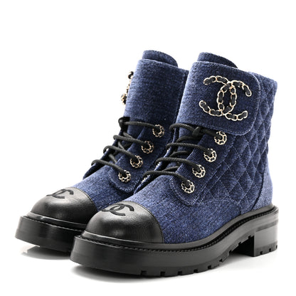 Chanel Denim Calfskin Quilted Lace Up Combat Boots 35.5 Blue 3 of 10