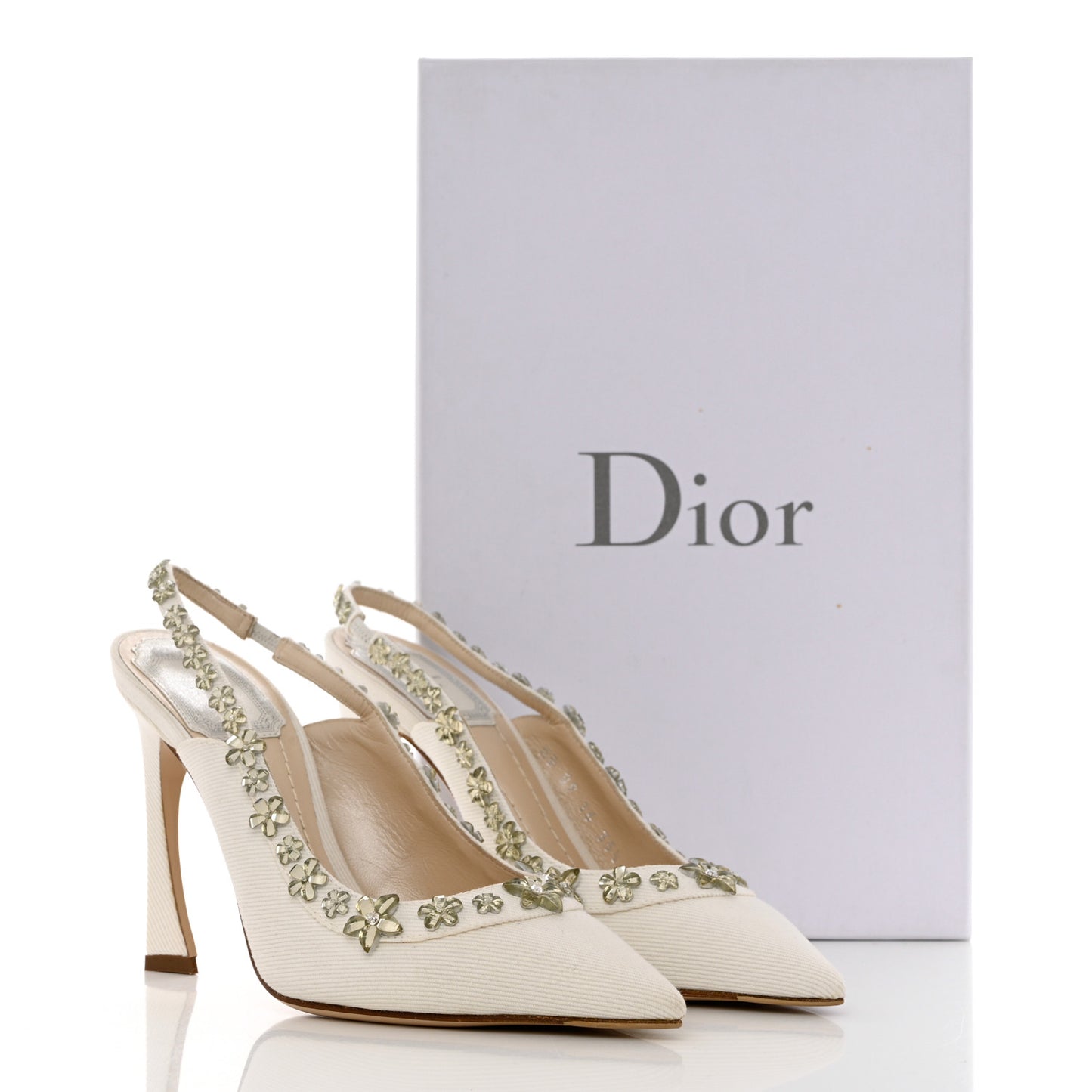 Denim Crystal Garland Slingback Pumps 35.5 White