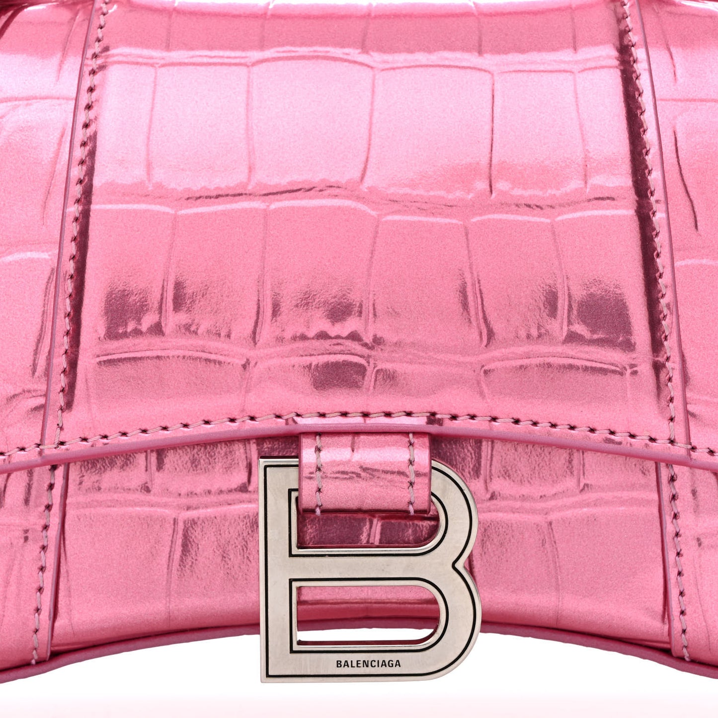 Metallic Shiny Calfskin Crocodile Embossed Hourglass Top Handle Bag XS Pink