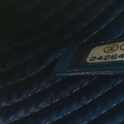 Chanel Calfskin Painted Chevron Embossed Large Boy Zip Pouch Green Navy 7 of 10
