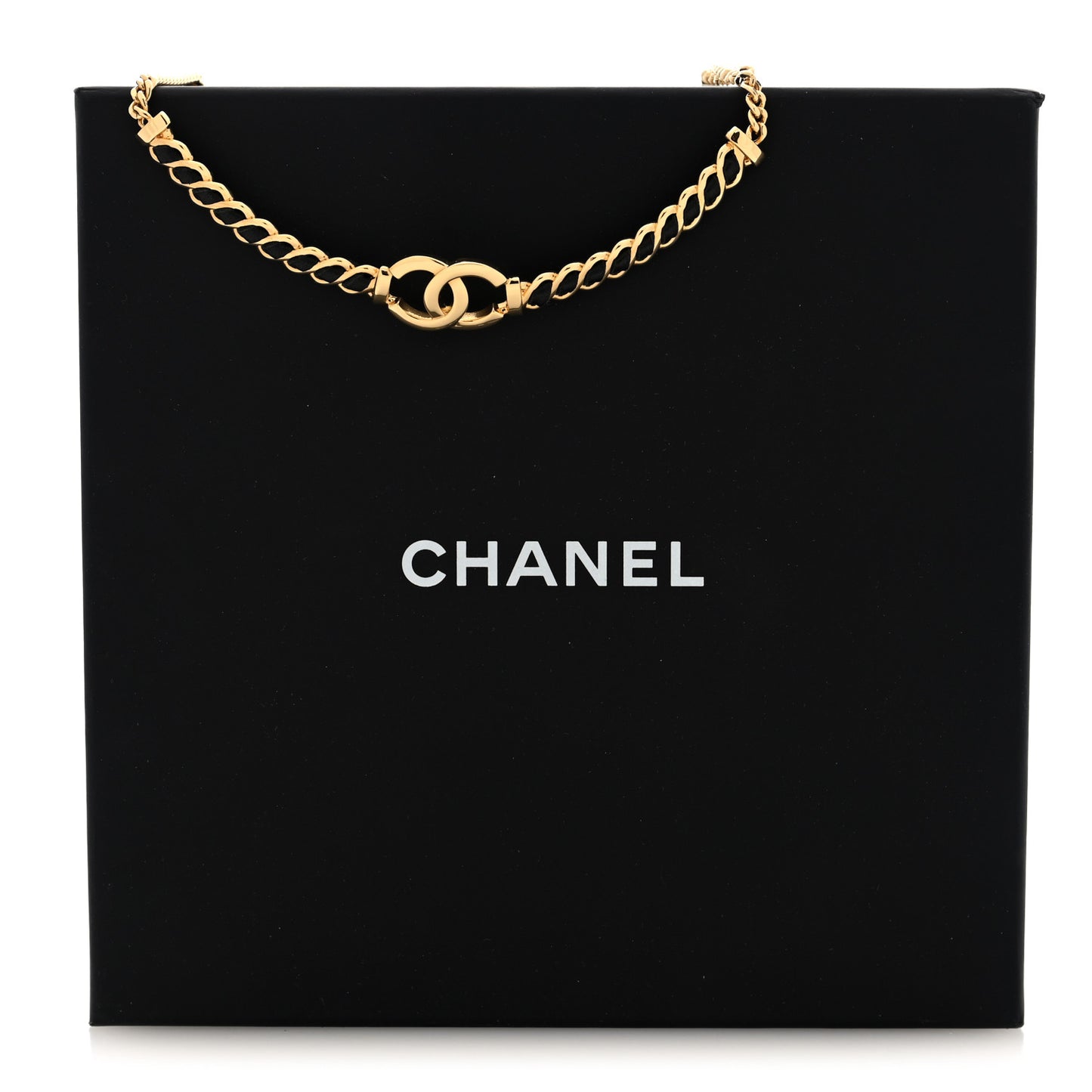 Metal Lambskin Chain CC Choker Necklace Black Gold