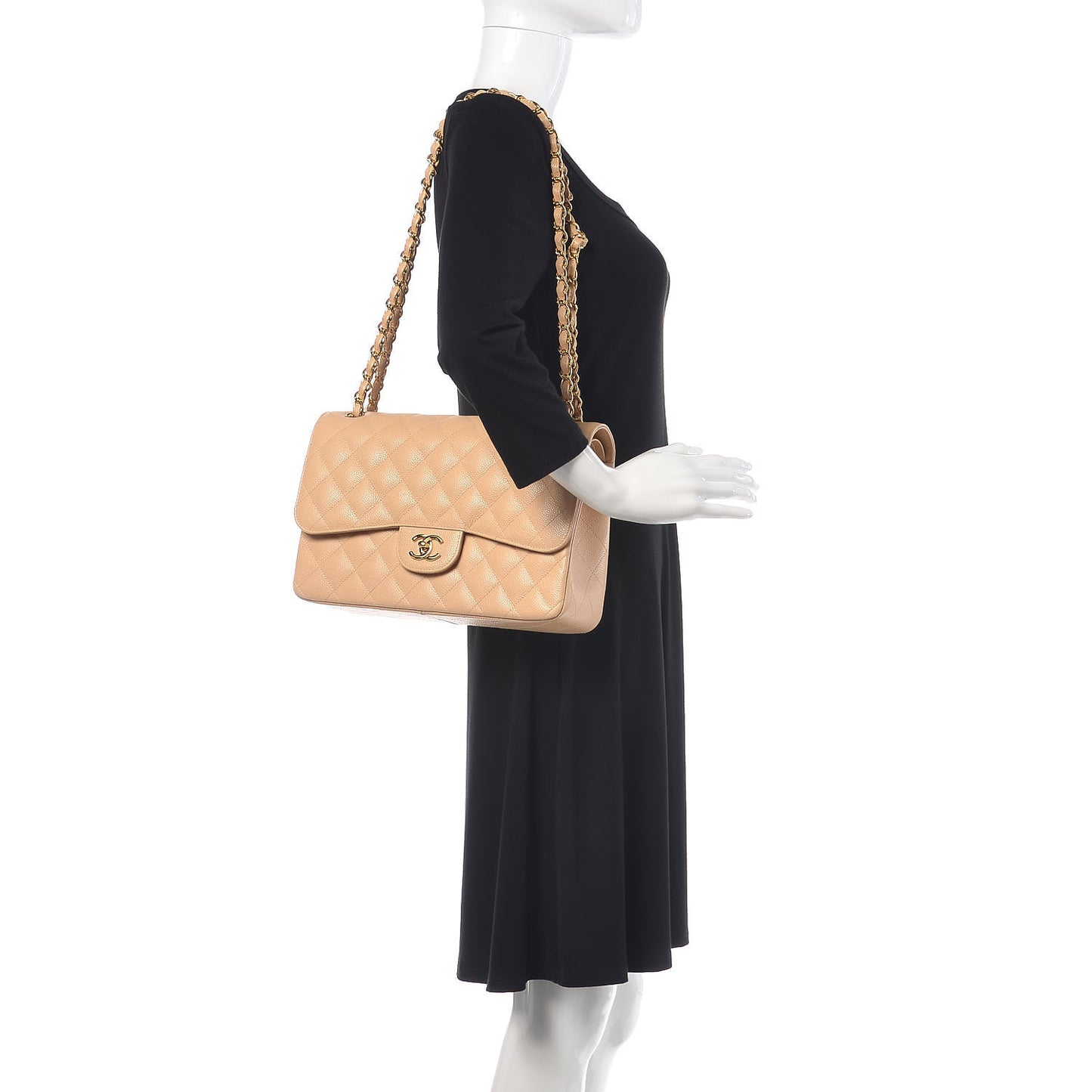 Caviar Quilted Jumbo Double Flap Light Beige