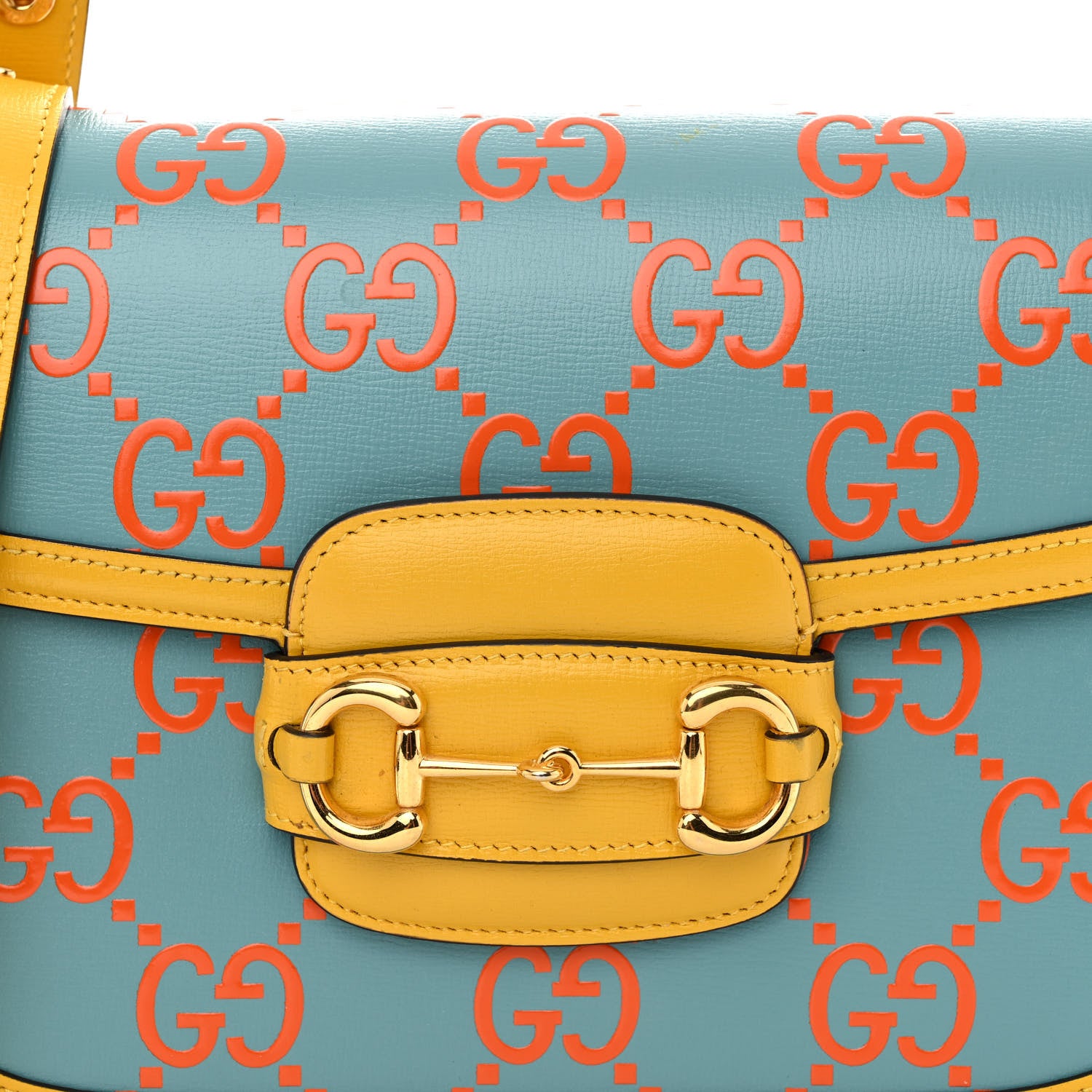 Gucci Azalea Calfskin GG Monogram Bi-Color Debossed Horsebit 1955 Shoulder Bag Dusty Azure Stone Topaz Deep Orange 8 of 10