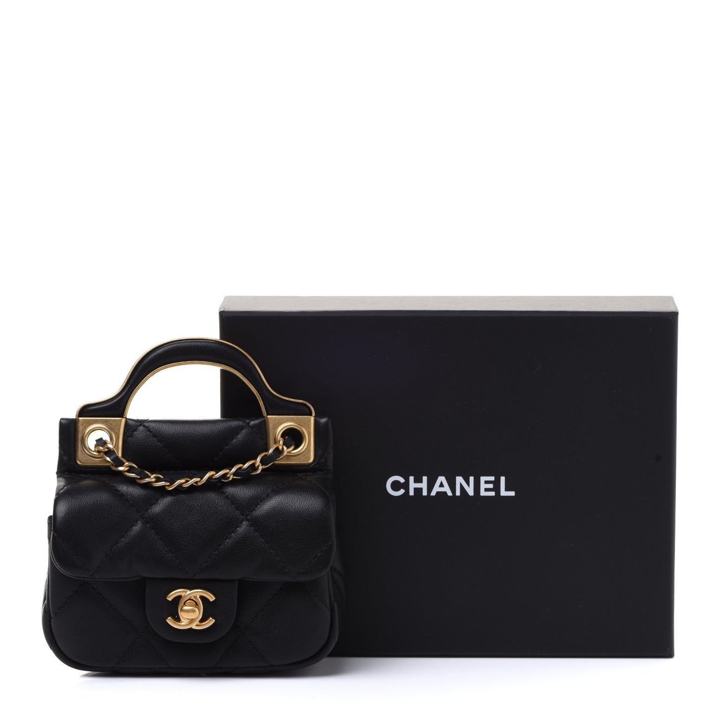 Calfskin Quilted Lady Handle Flap Card Holder With Chain Black