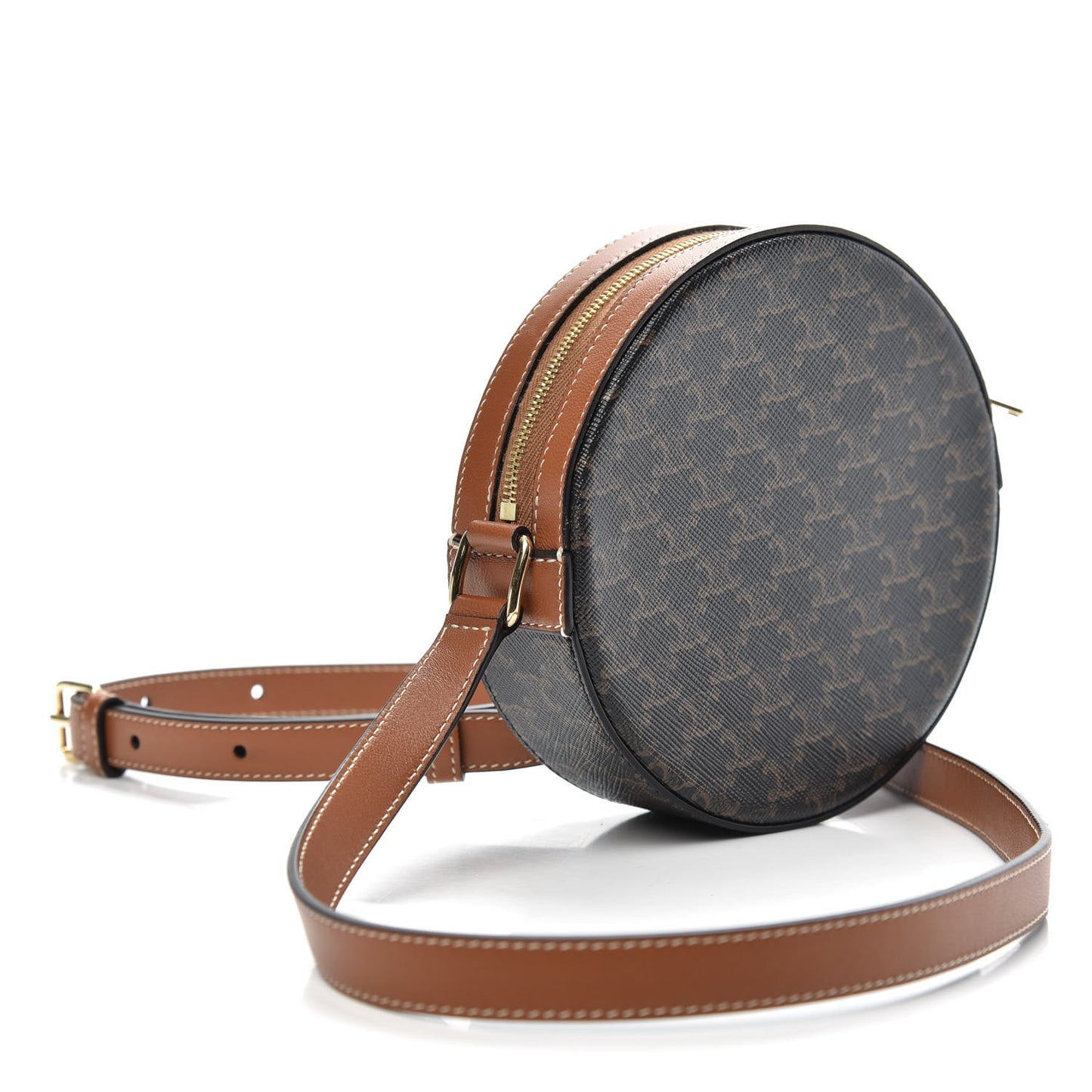Lambskin Triomphe Canvas Round Purse On Strap Black Tan