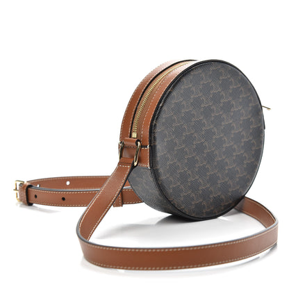 Celine Lambskin Triomphe Canvas Round Purse On Strap Black Tan 3 of 9