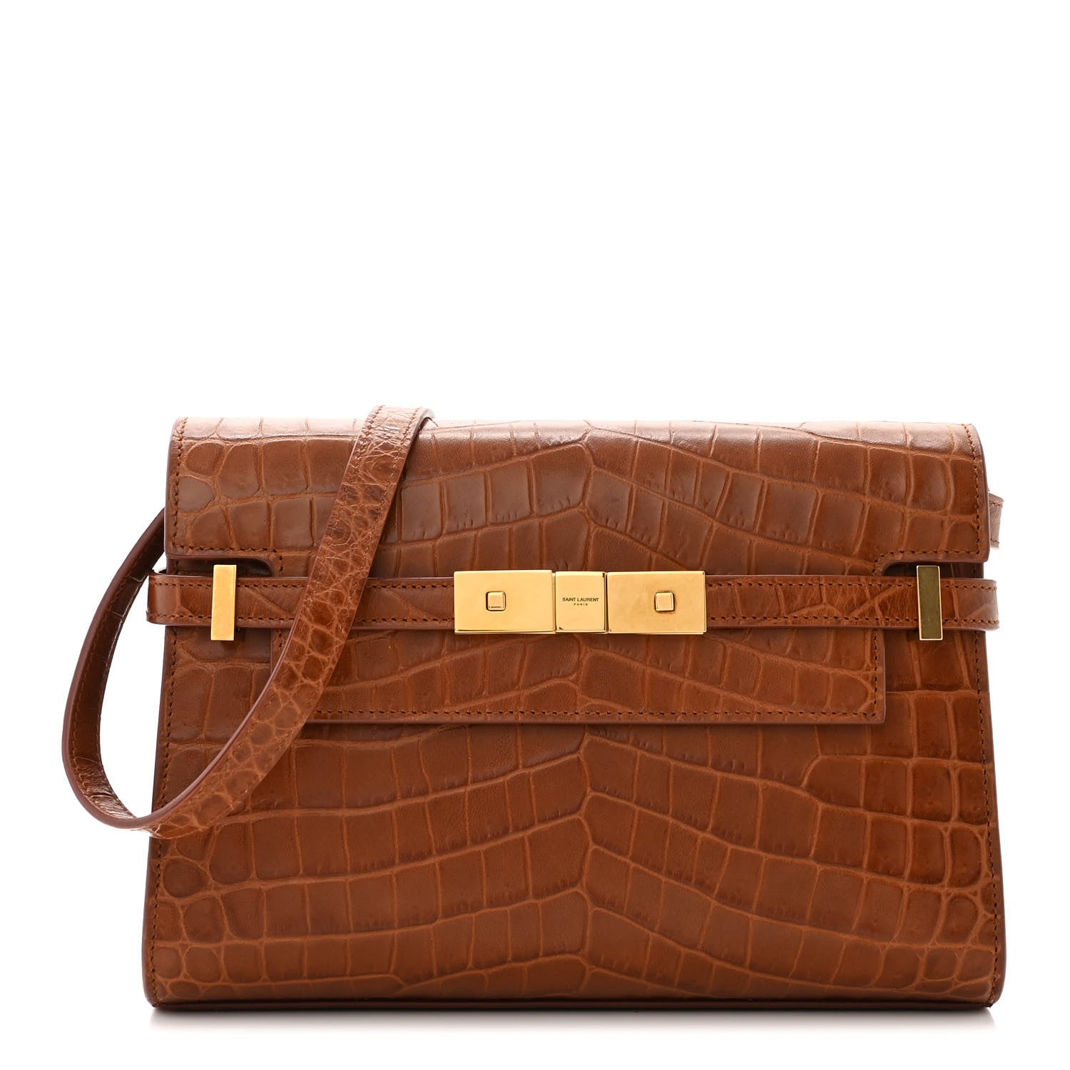 Saint Laurent Shiny Calfskin Crocodile Embossed Small Manhattan Baguette Dark Caramel 1 of 10