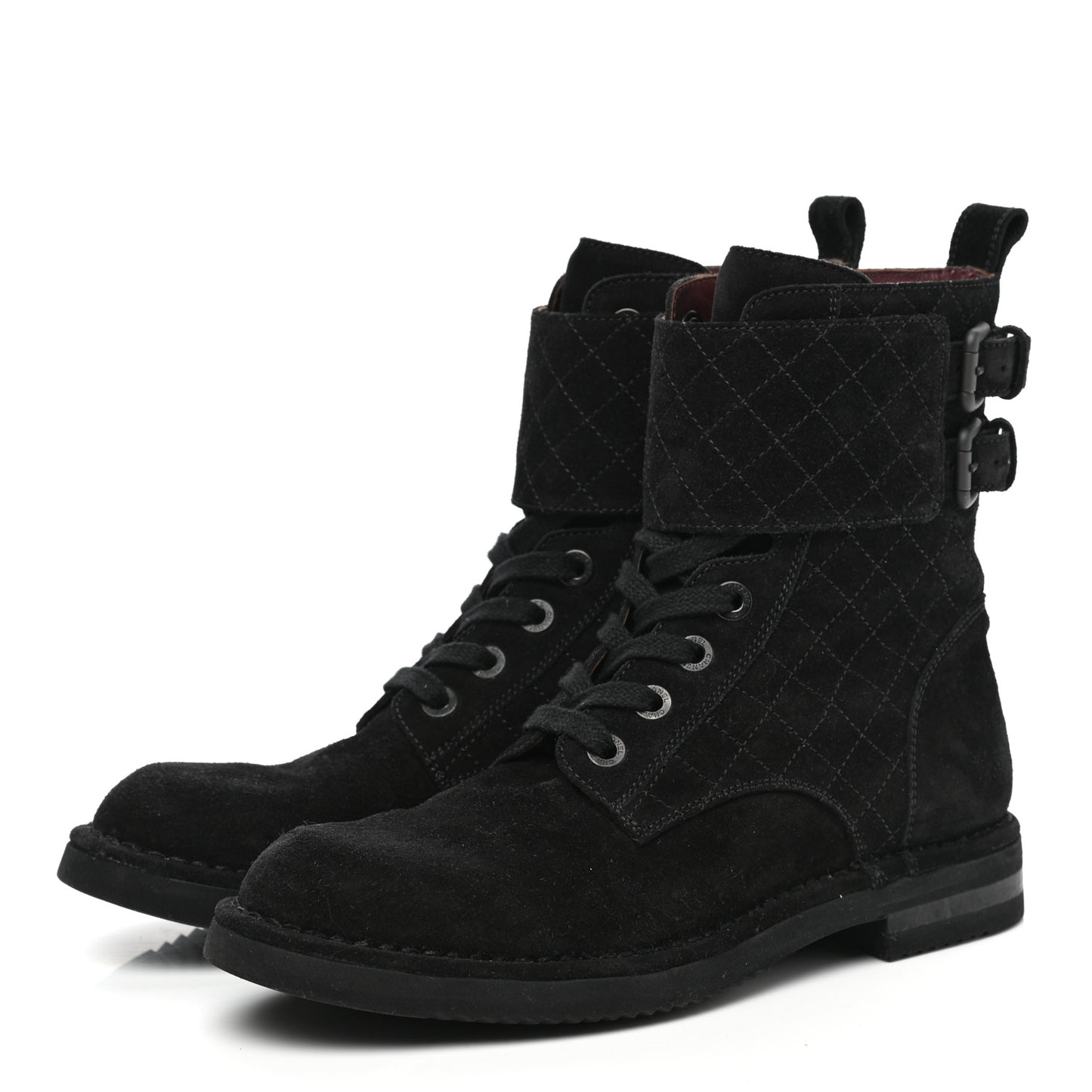 Suede Calfskin Quilted Combat Short Boots 38.5 Black